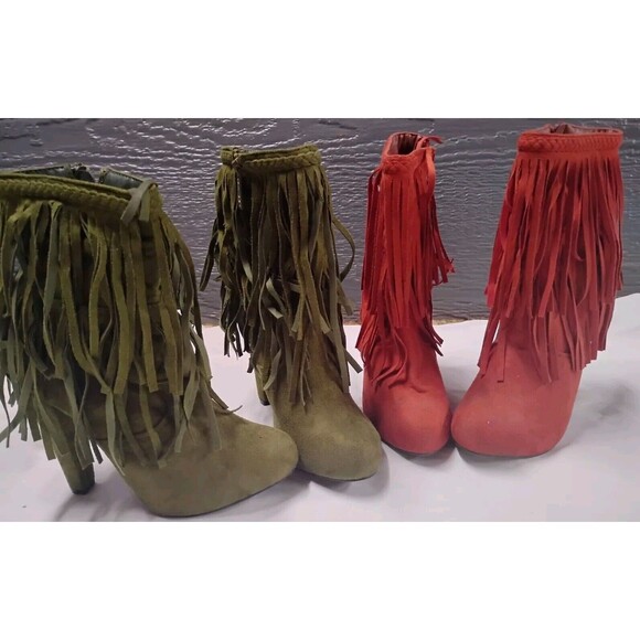 Green Suede Layerel Fringe Chunky Heels Boho Booties Shoes Boots Phoebe 11 Sz 6 - Picture 7 of 8